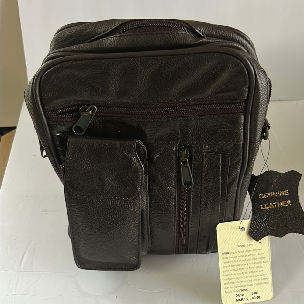 Brown Messenger Bag with Durable Fabric and Multiple Compartments
